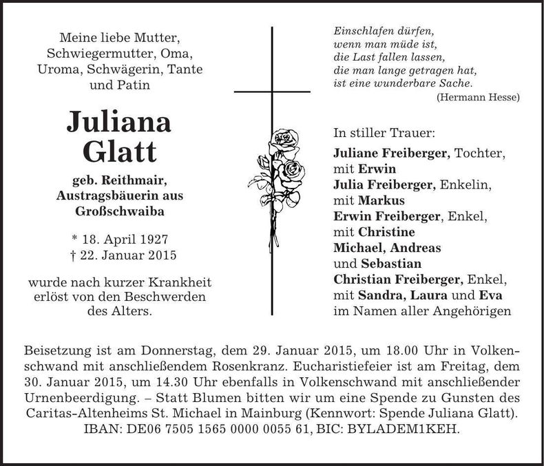 Traueranzeige Juliana Glatt