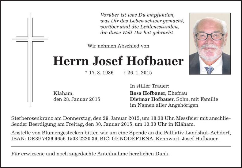 Traueranzeige Josef Hofbauer