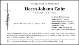 Traueranzeige Johann Gahr