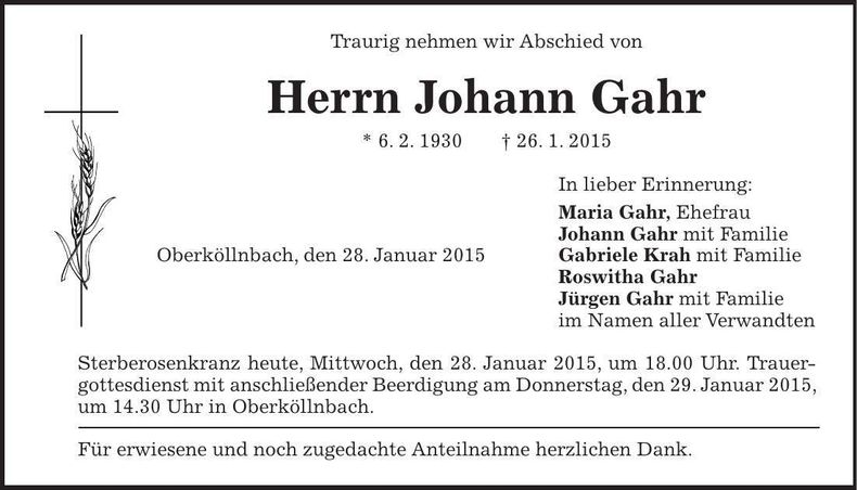 Traueranzeige Johann Gahr