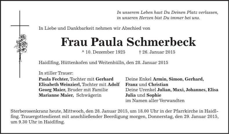 Traueranzeige Paula Schmerbeck