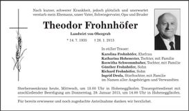 Traueranzeige Theodor Frohnhöfer