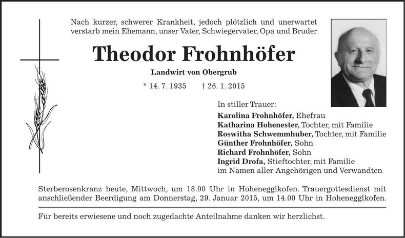 Traueranzeige Theodor Frohnhöfer