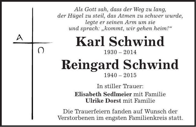 Traueranzeige Karl und Reingard Schwind