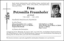 Traueranzeige Petronilla Fraunhofer