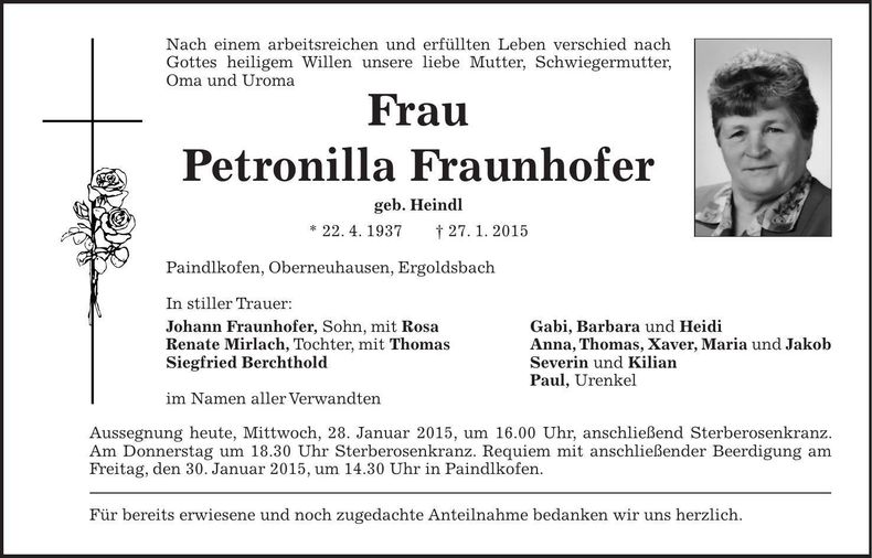 Traueranzeige Petronilla Fraunhofer