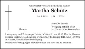 Traueranzeige Martha Schütz