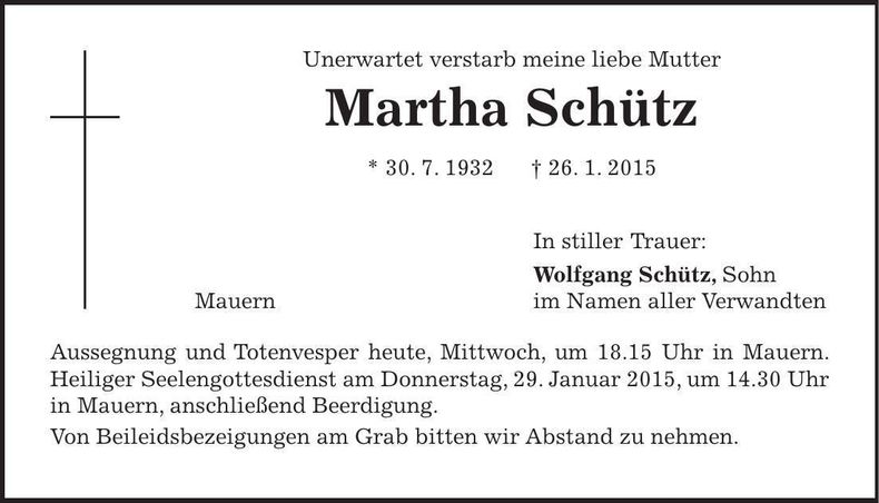 Traueranzeige Martha Schütz