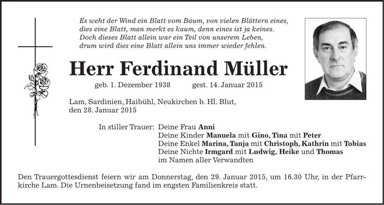 Traueranzeige Ferdinand Müller