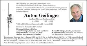 Traueranzeige Anton Geilinger