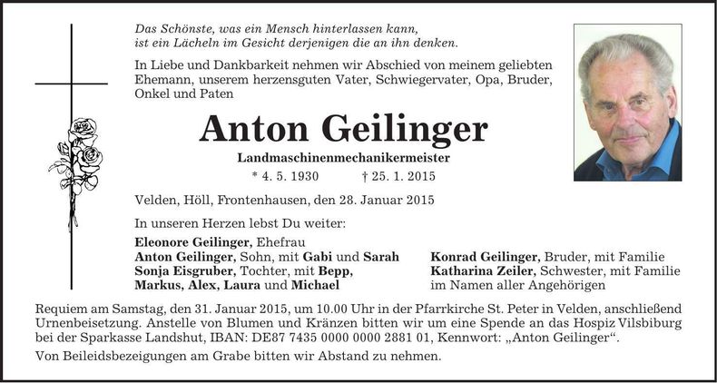 Traueranzeige Anton Geilinger