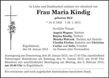 Traueranzeige Maria Kindig