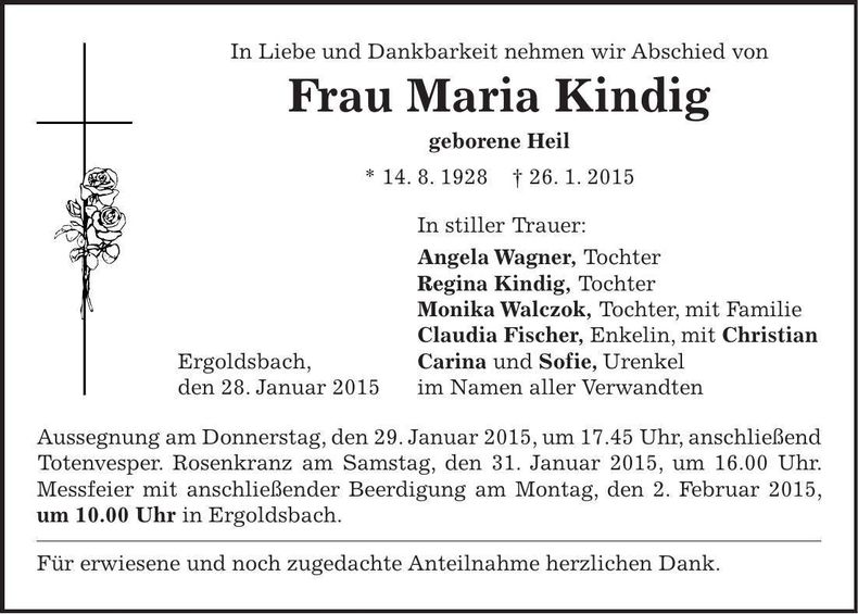 Traueranzeige Maria Kindig