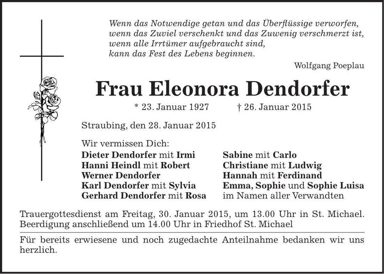 Traueranzeige Eleonara Dendorfer