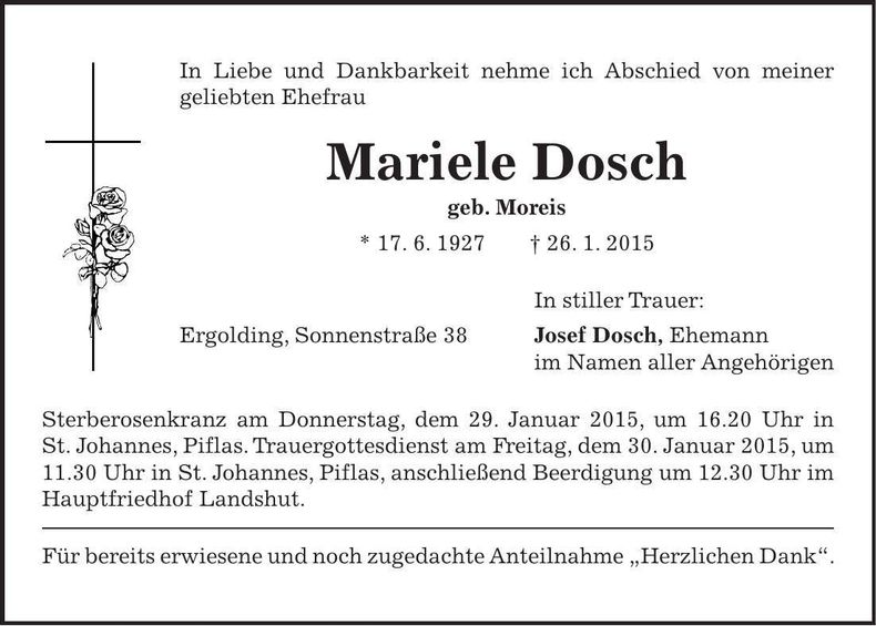 Traueranzeige Mariele Dosch