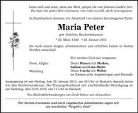 Traueranzeige Maria Peter