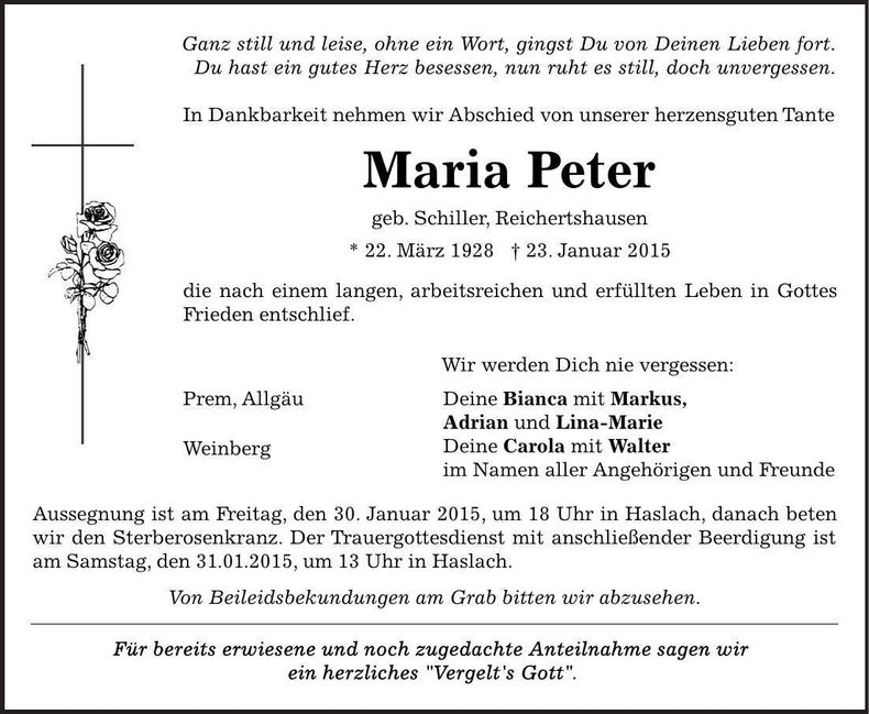Traueranzeige Maria Peter