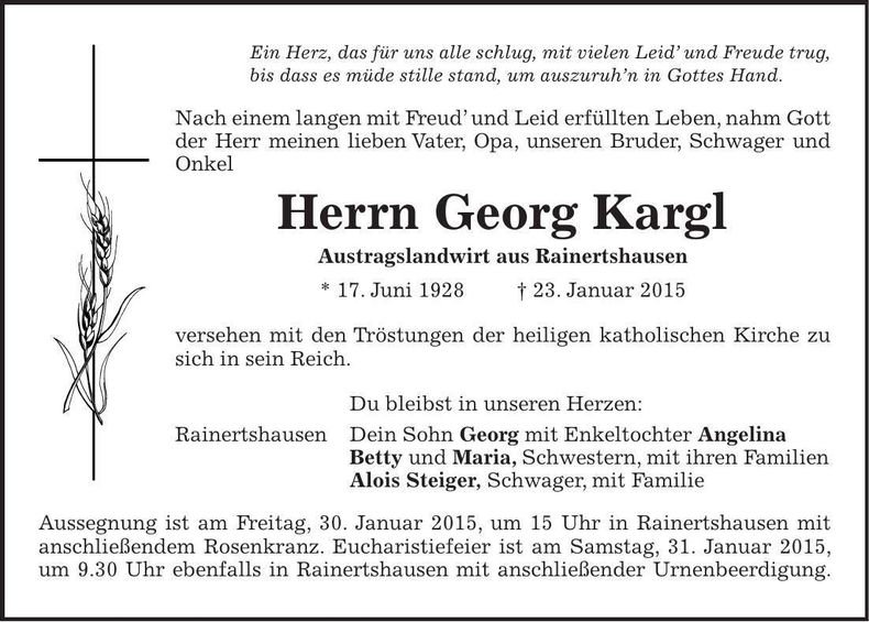 Traueranzeige Georg Kargl