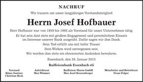 Traueranzeige Josef Hofbauer