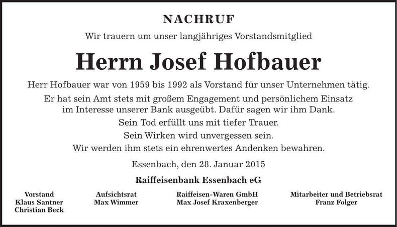 Traueranzeige Josef Hofbauer