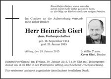 Traueranzeige Heinrich Gierl
