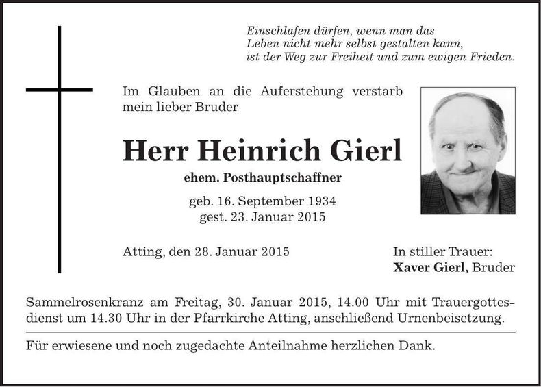 Traueranzeige Heinrich Gierl
