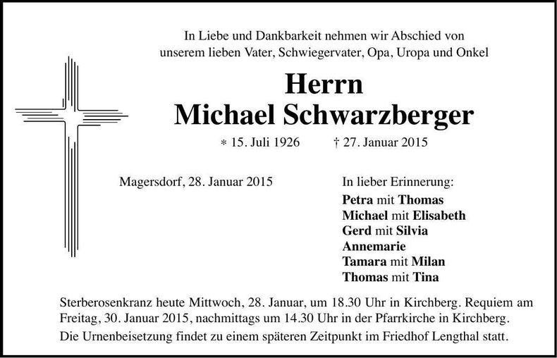 Traueranzeige Michael Schwarzberger