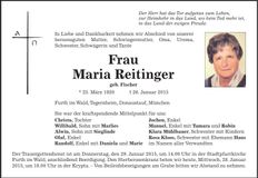 Traueranzeige Maria Reitinger