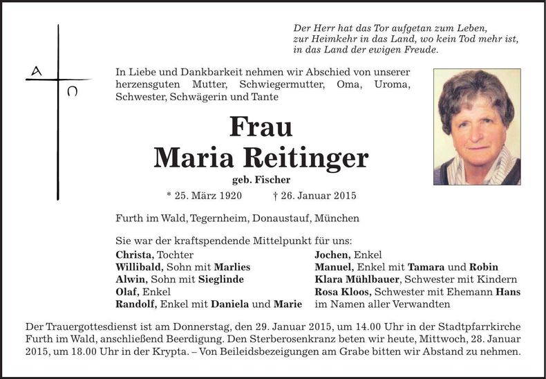 Traueranzeige Maria Reitinger