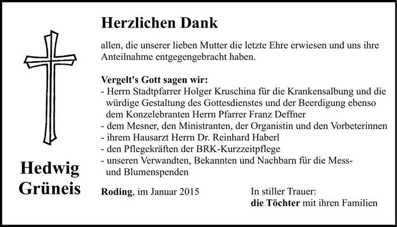 Traueranzeige Hedwig Grüneis