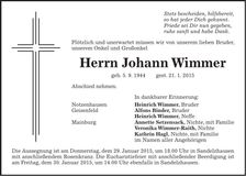Traueranzeige Johann Wimmer