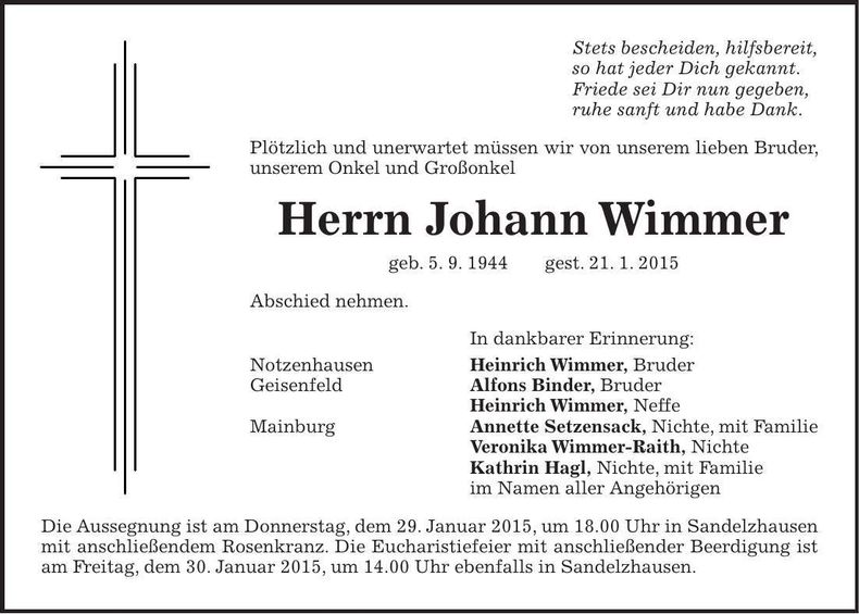 Traueranzeige Johann Wimmer
