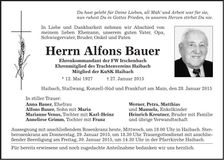 Traueranzeige Alfons Bauer