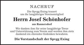 Traueranzeige Josef Schönhofer