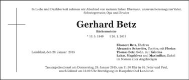 Traueranzeige Gerhard Betz