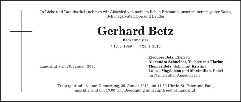 Traueranzeige Gerhard Betz