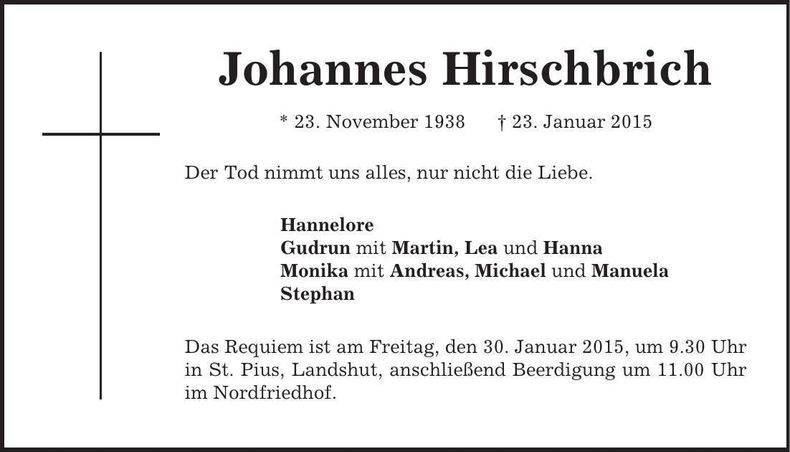 Traueranzeige Johannes Georg Hirschbrich