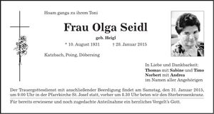 Traueranzeige Olga Seidl
