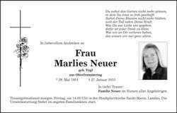 Traueranzeige Marlies Neuer
