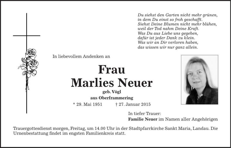 Traueranzeige Marlies Neuer