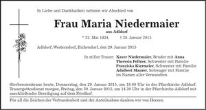 Traueranzeige Maria Niedermaier