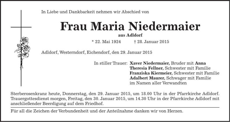 Traueranzeige Maria Niedermaier