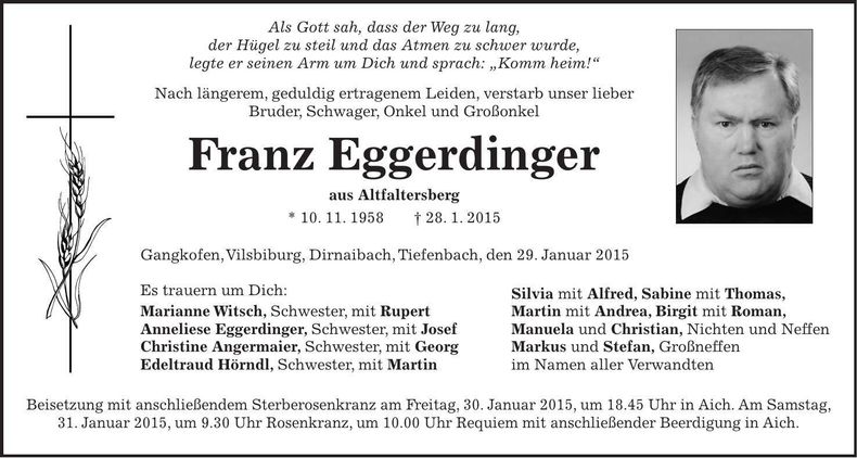 Traueranzeige Franz Eggerdinger