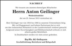 Traueranzeige Anton Geilinger