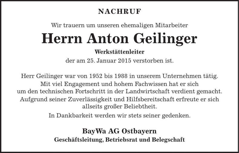 Traueranzeige Anton Geilinger