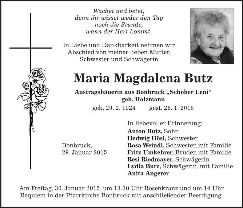 Traueranzeige Maria Magdalena Butz