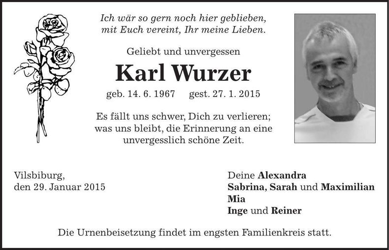 Traueranzeige Karl Wurzer