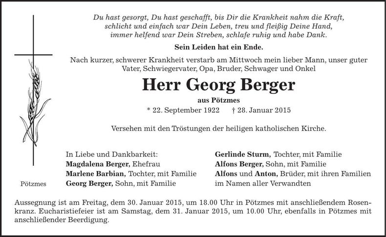Traueranzeige Georg Berger