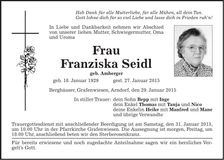 Traueranzeige Franziska Seidl