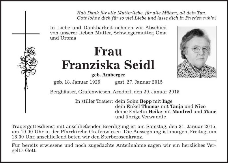 Traueranzeige Franziska Seidl